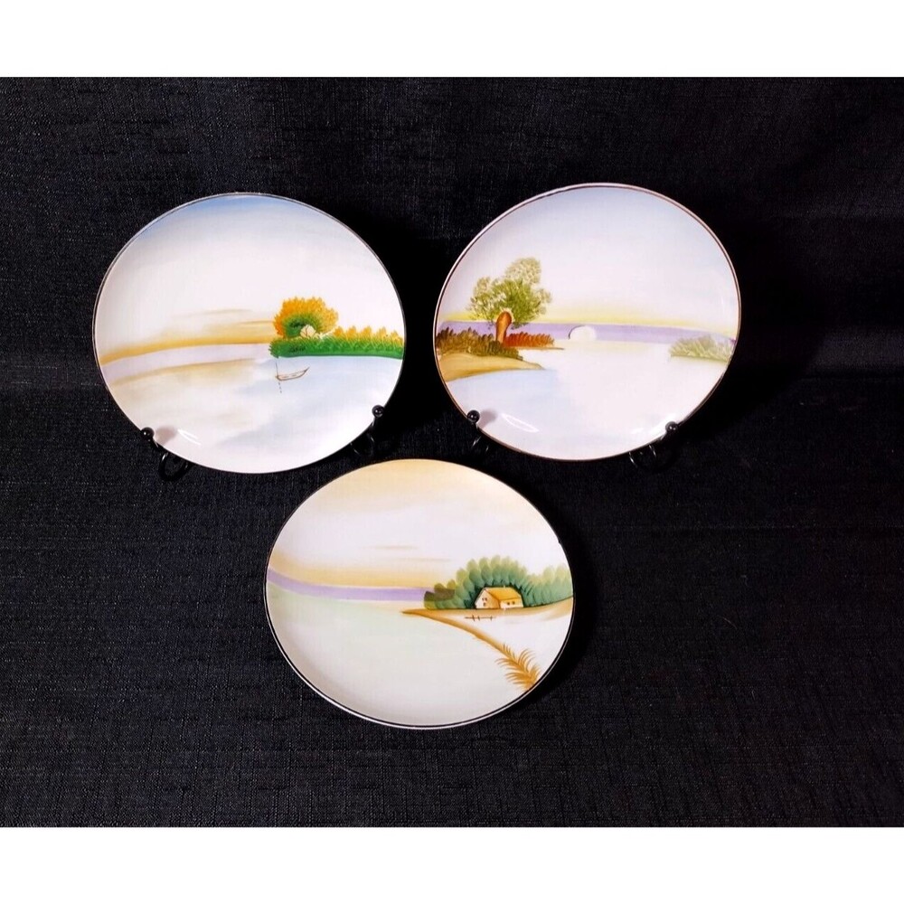 Set of 3 Vintage Meito Japan Hand Painted Scenic Lakeside Decorative Plates